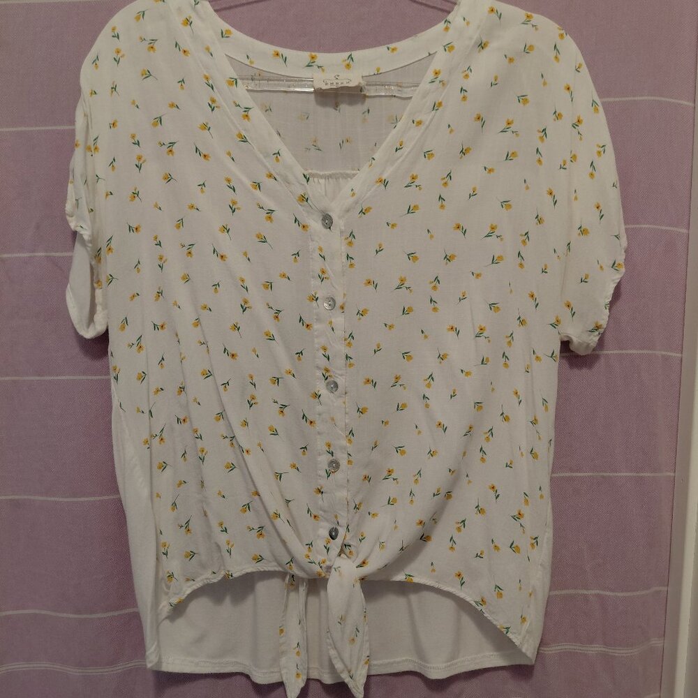 Flowy Floral Top with Tie and Abalone Buttons